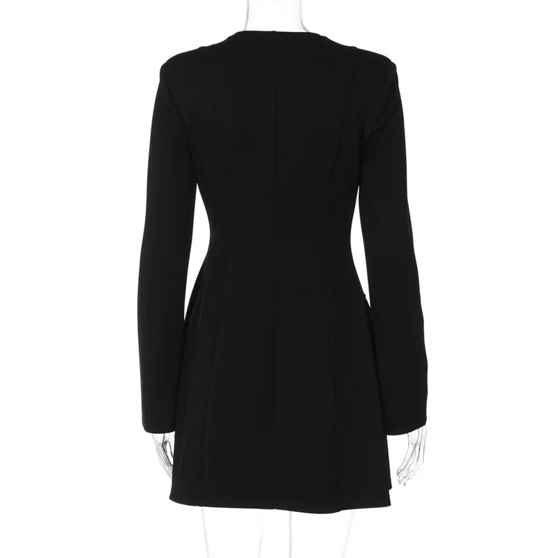 Mozision Long Sleeve Single-breasted Sexy Mini Dress Women Elegant Black Two Pocket High Waist A-line Club Party Dresses Female