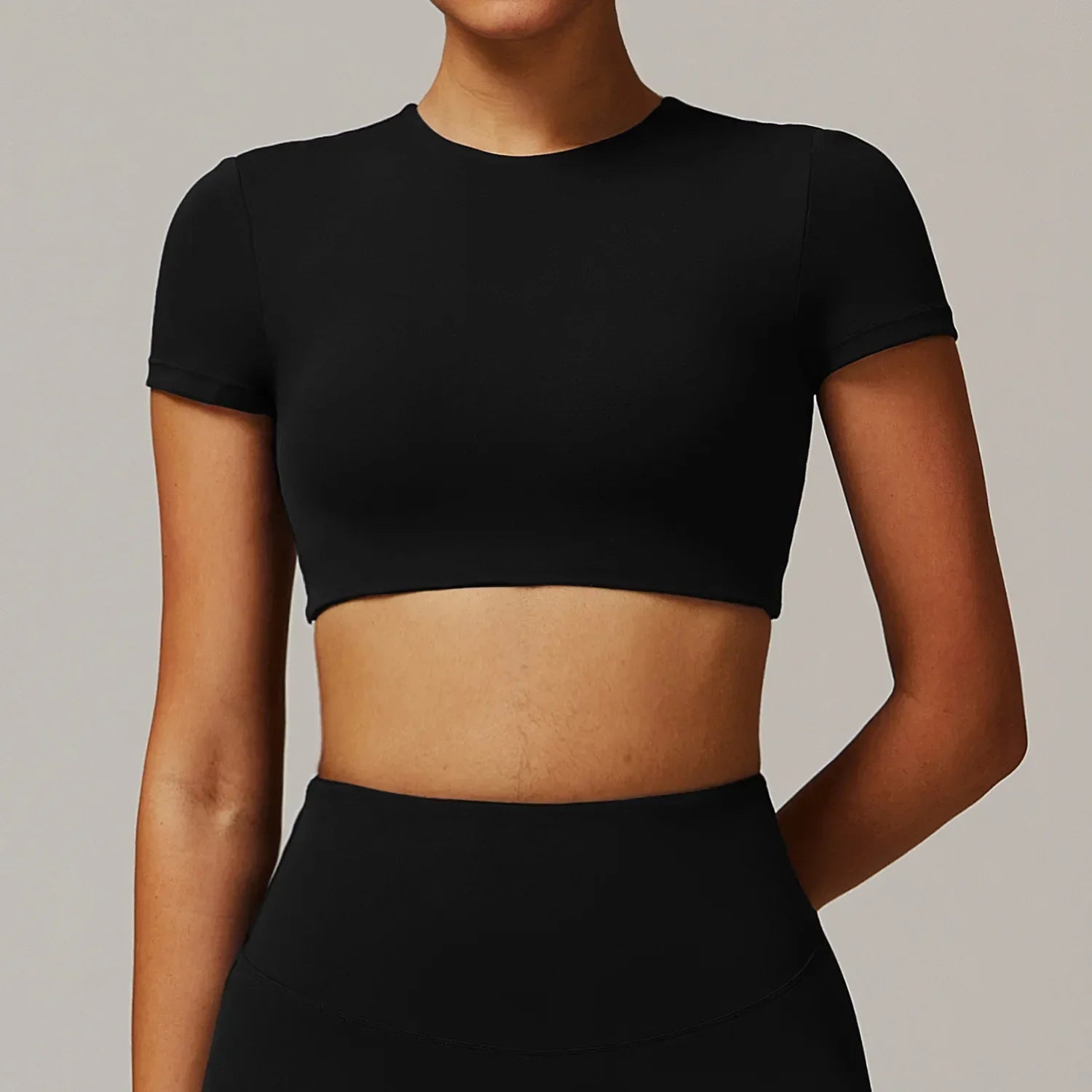 Backless Padded Yoga Crop Top Short Sleeve — Warm Sand-Beige | KIMLUD