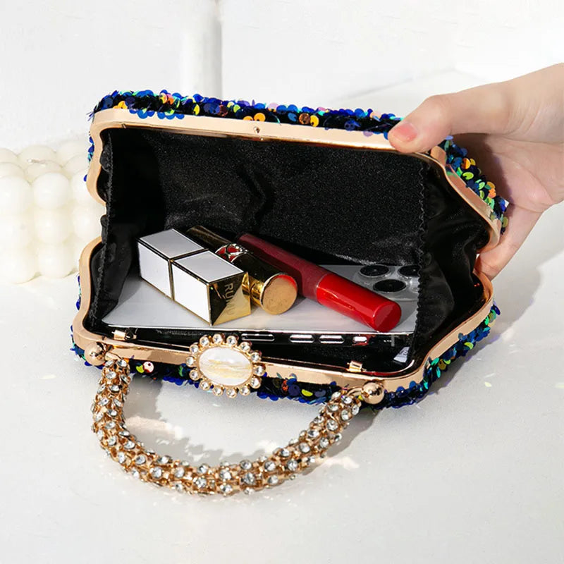 Sequined Evening Handbag Rhinestone Top Handle — Red | KIMLUD