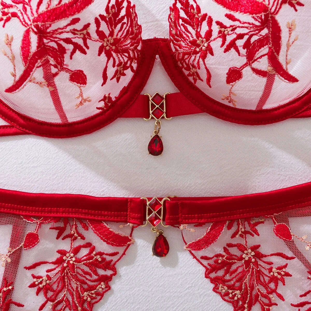 KIMLUD, Ellolace Christmas Lingeries Sexy Hot Tempted Jewel Bra Belt Thong 3PC with Stockings Valentine Honey See Through Intimate Set, KIMLUD Womens Clothes
