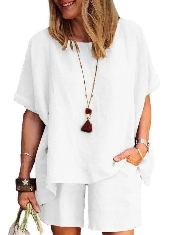 Cotton-Linen Two-Piece Set Plus Size Relaxed-Fit Short-Sleeve Top And Shorts — Steel-Blue | KIMLUD