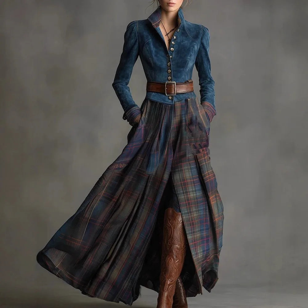 Leather Velvet Splicing Plaid Maxi Dress — Navy | KIMLUD