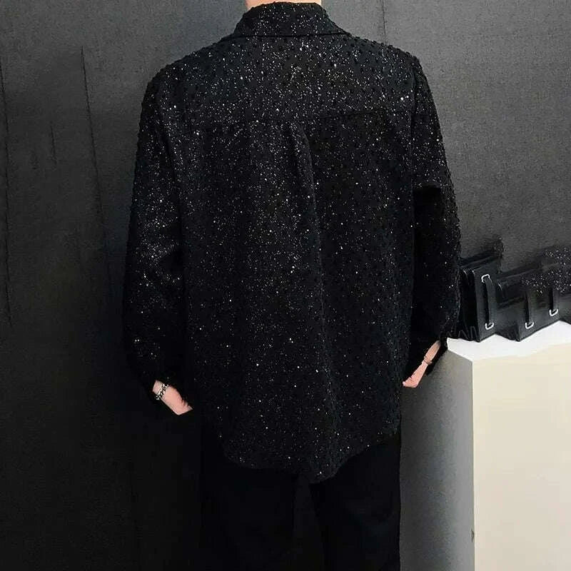KIMLUD, 2025 Summer New Men's Starry Sky Hot Diamond Long Sleeve Shirt Korean Fashion Trend Retro Luxury Niche Party Stage Male Tops, KIMLUD Womens Clothes