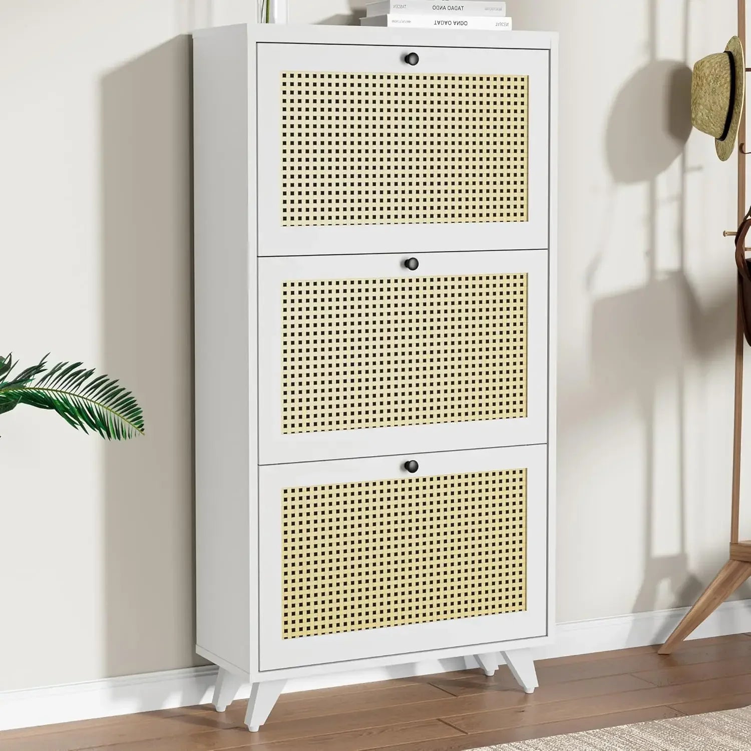 A Adjustable Shelves Slim Natural Rattan Wood Freestanding Shoe Rack Storage Organizer Shoe Cabinet