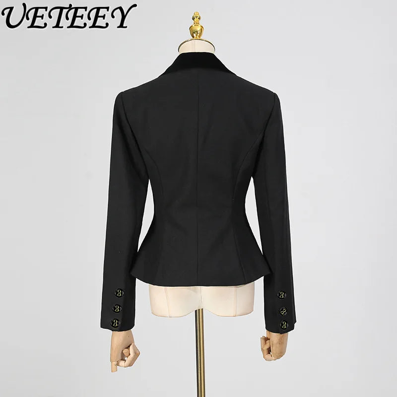KIMLUD, Fashion Trendy Style Fashion Black Blazer Coat for Women 2025 Autumn New Metal Button Slim Fit High-end Short Suit Jacket, KIMLUD Womens Clothes