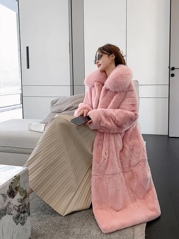 Rabbit Fur Coat – X-Long Rex Rabbit Fur – Fox Fur Collar | KIMLUD