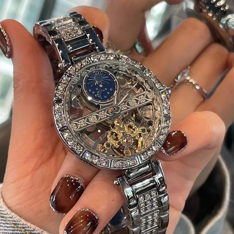 Stainless Steel Diamond Studded Wristwatch — Silver | KIMLUD