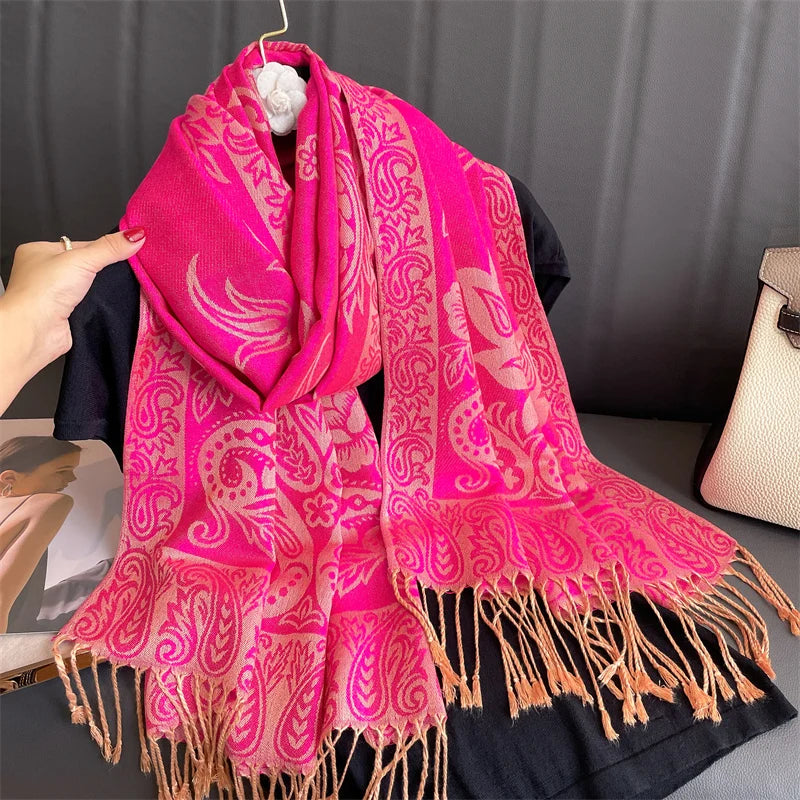 Cashmere Pashmina Shawl With Autumn Print Design, Olive Accents And Gold-Toned Fringe — Red | KIMLUD