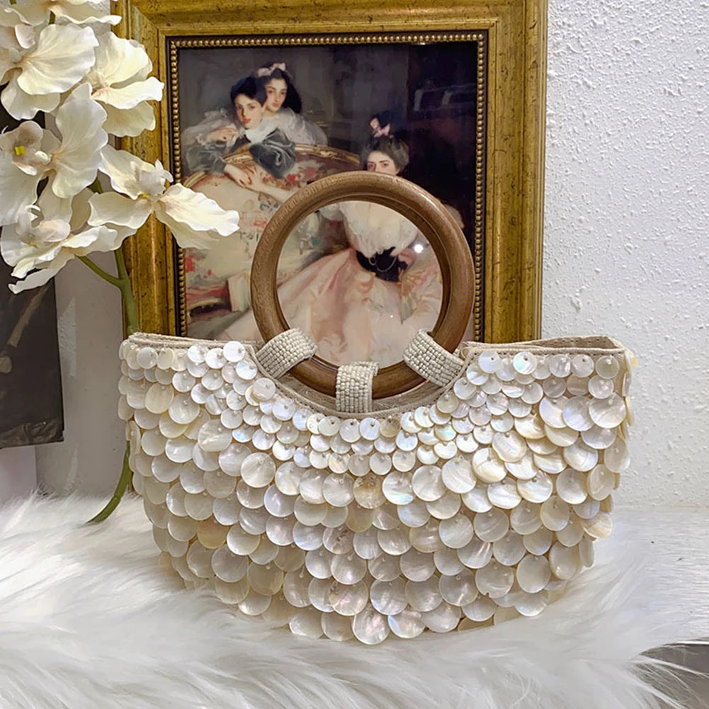 Shell Beaded Clutch Purse Handcrafted Beadwork Top Handle — Champagne Ivory | KIMLUD