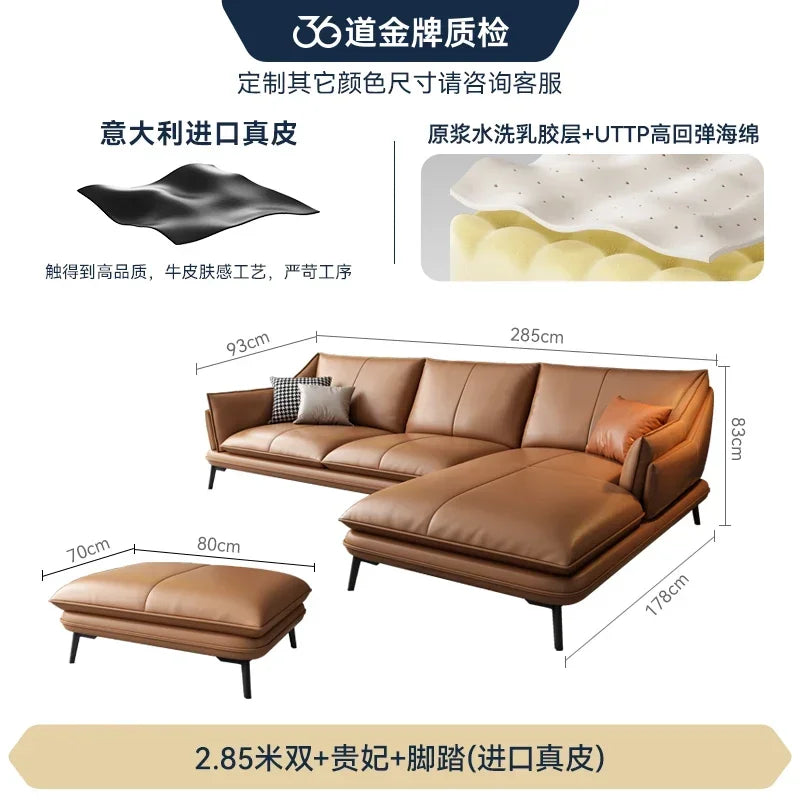 European Designer Leather Sofa Set Double Living Room Sofas With Foot Stool — Charcoal | KIMLUD