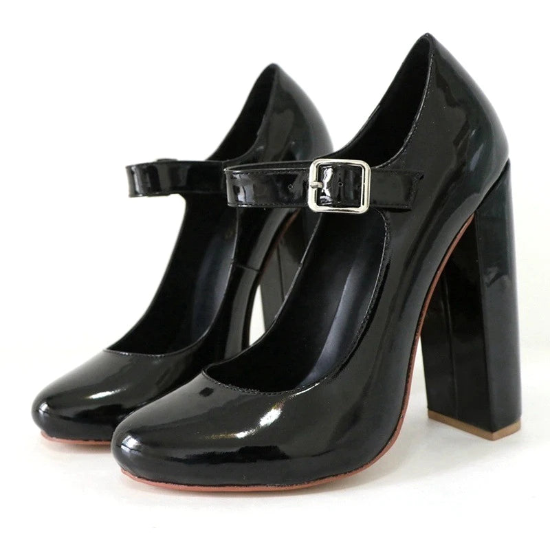 Mary Jane Pumps – Buckle Strap – Round Toe – Black | KIMLUD