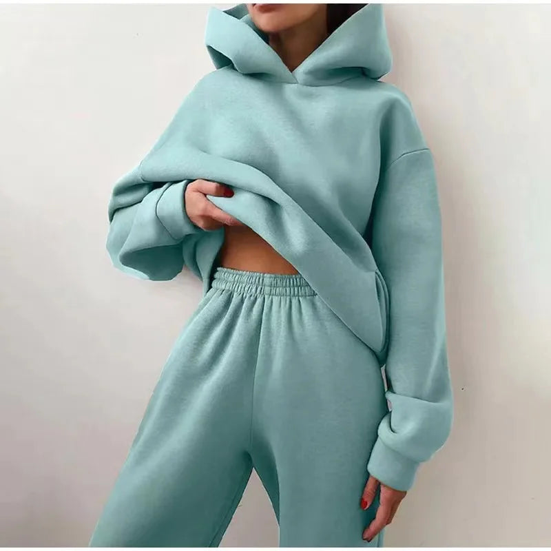 Oversized Tracksuit Set Two Piece Winter Fleece Hoodie and Sweatpants Cozy Warmth — Beige | KIMLUD