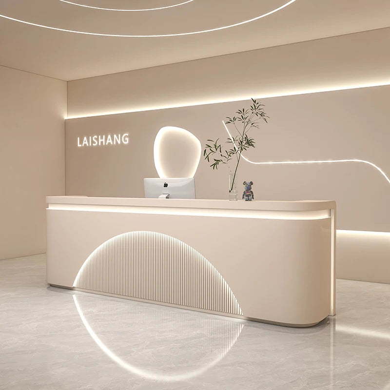 Modern Reception Desk With Integrated LED Lighting — White | KIMLUD