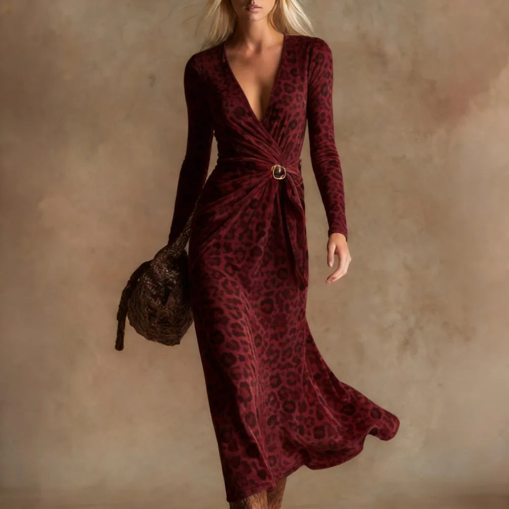 Leopard Print Maxi Dress – Twist Front – Polyester – Leopard | KIMLUD
