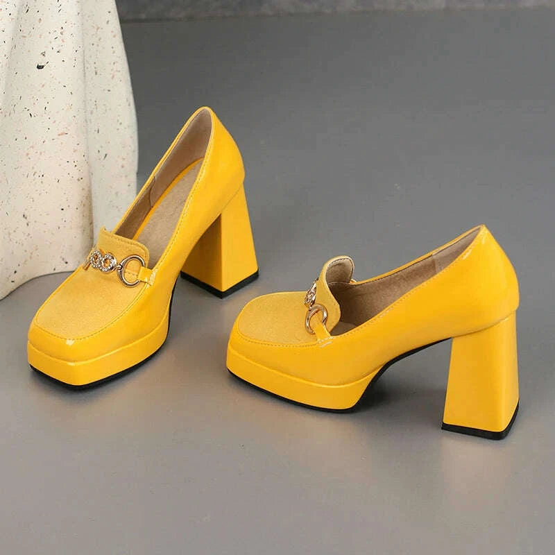 KIMLUD, Extra Big Size 49 50 Bright Yellow Metal Crystal Chain Woman's Pumps Spring Fall Shoes Slip-on Loafers Platform Block High Heels, KIMLUD Womens Clothes
