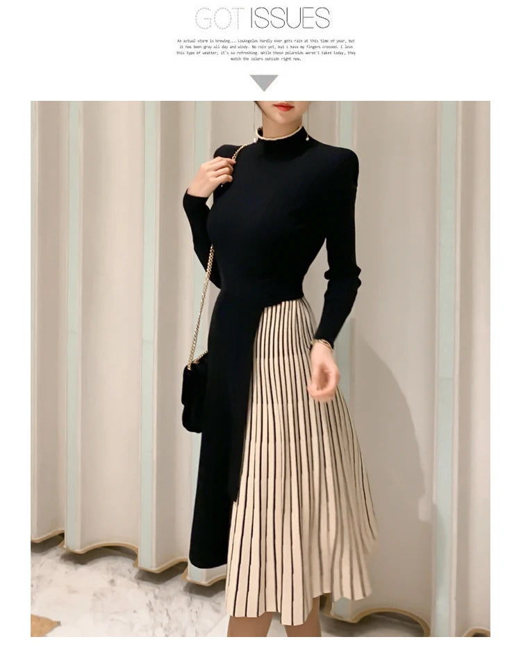 H Han Queen New Winter Elastic Knitted Dresses Women Color matching Lace-up Sweater Dress Fashion Slim Work Office Vestidos