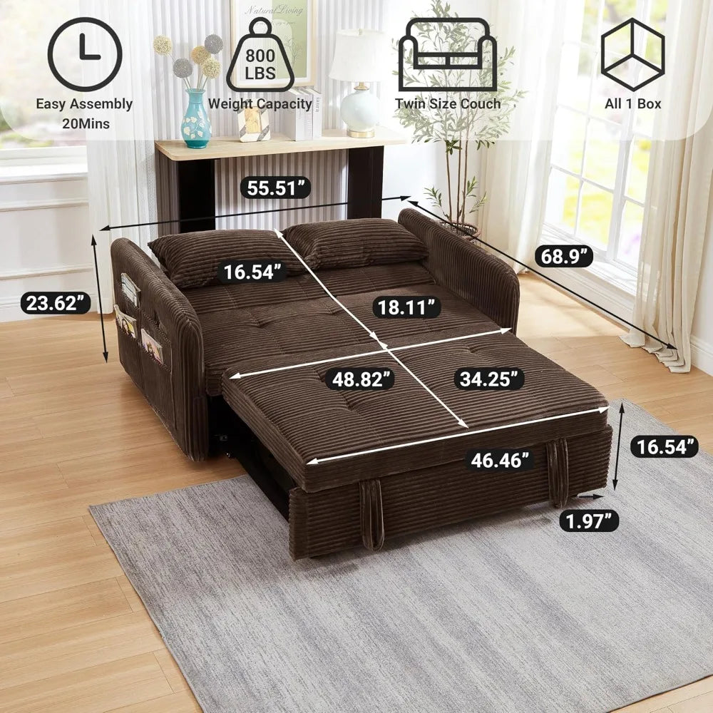 Corduroy Convertible Sofa Bed 3-in-1 Sleeper With USB Ports — Ivory | KIMLUD