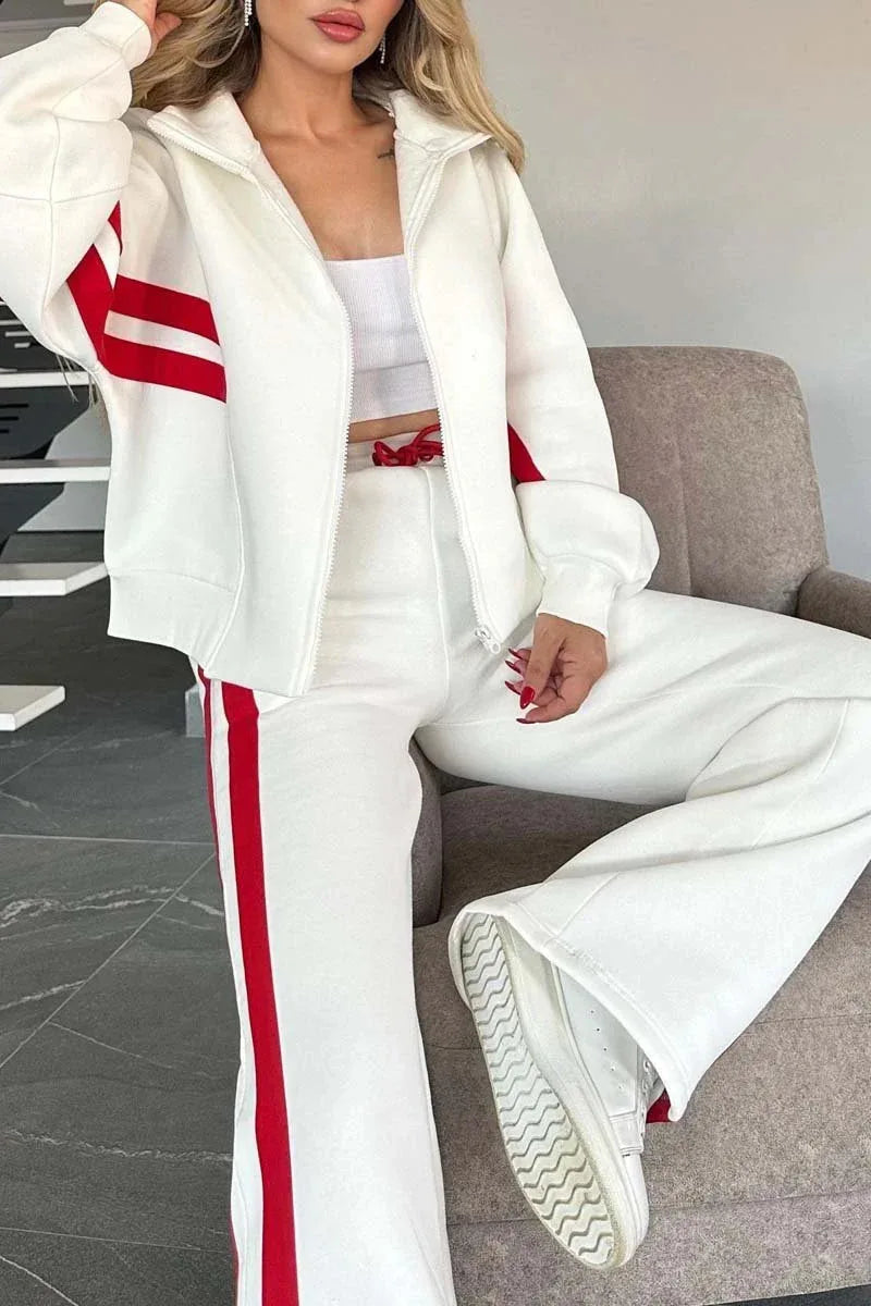 Y2K Striped Hoodie Set Loose Fit Jacket — White With Red Stripes | KIMLUD
