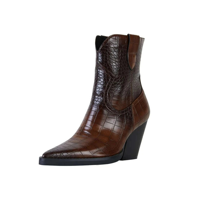 KIMLUD, Kaky's New Pointed Stone Pattern Thick High Heels Large Women's Boots Western Boots Short Boots, KIMLUD Womens Clothes