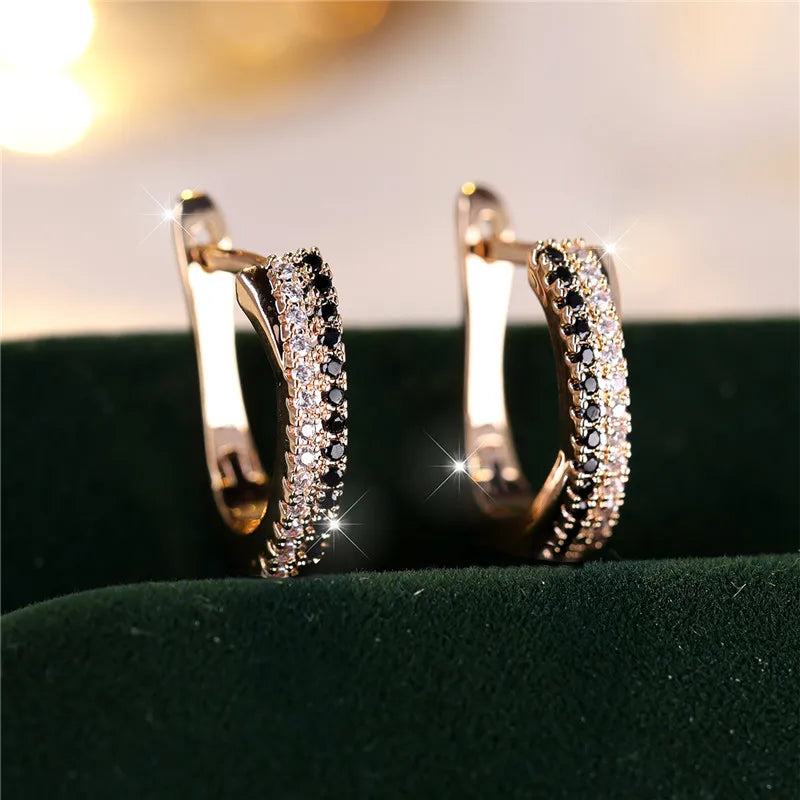 Gold-Tone Zircon Clip Earrings Geometric Arc With Black And White Stones — Gold | KIMLUD