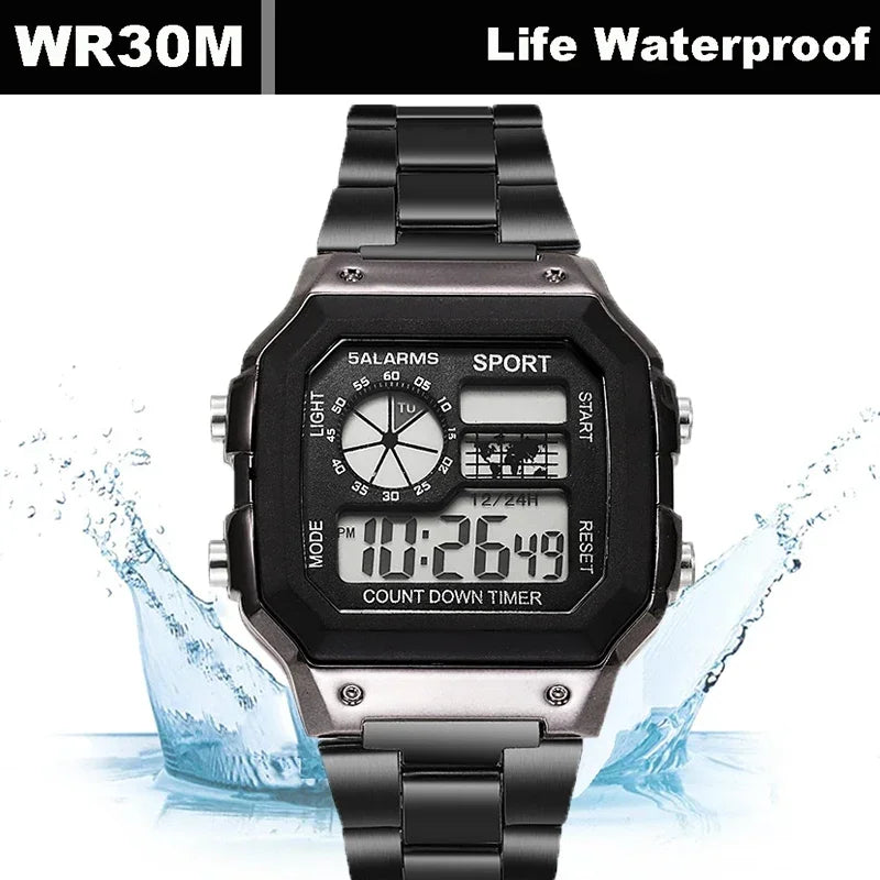 Stainless Steel Digital Watch Military LED Display — Silver | KIMLUD