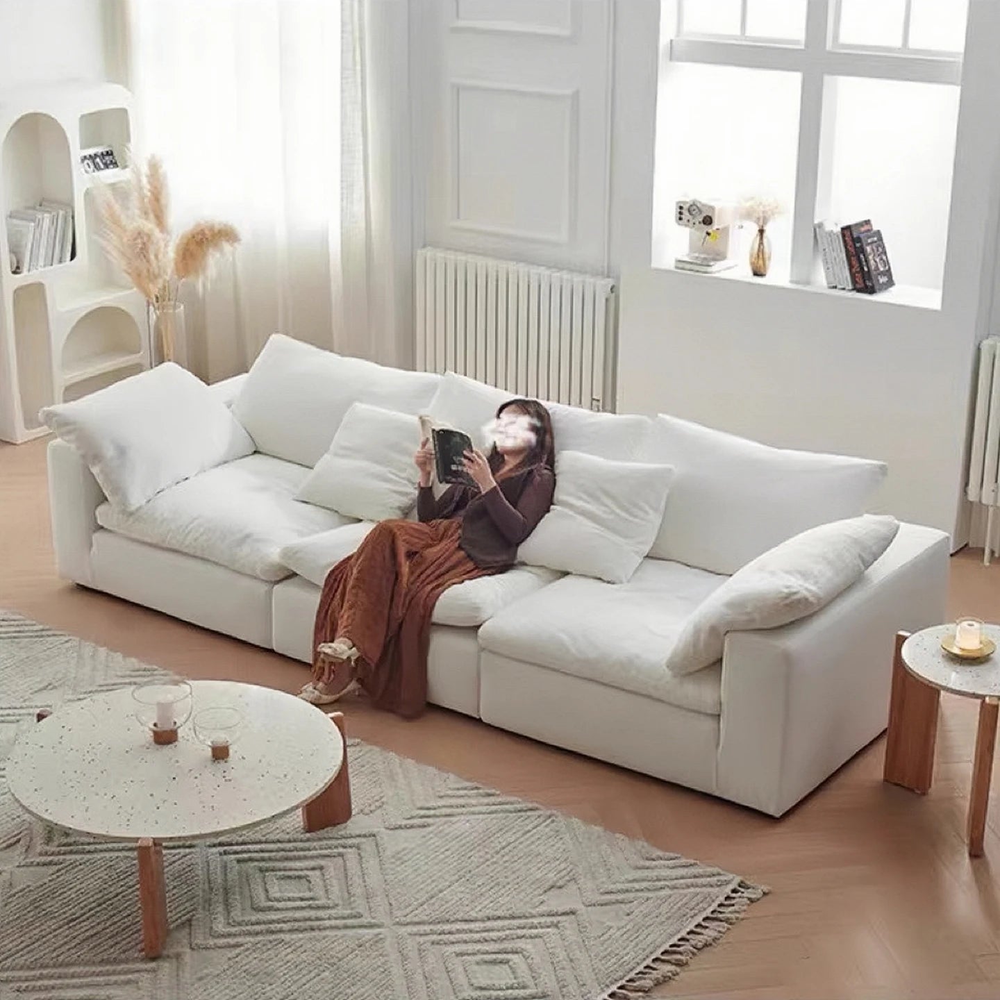 Velvet L-Shaped Sofa With Two-Three Seater Config — Ivory | KIMLUD