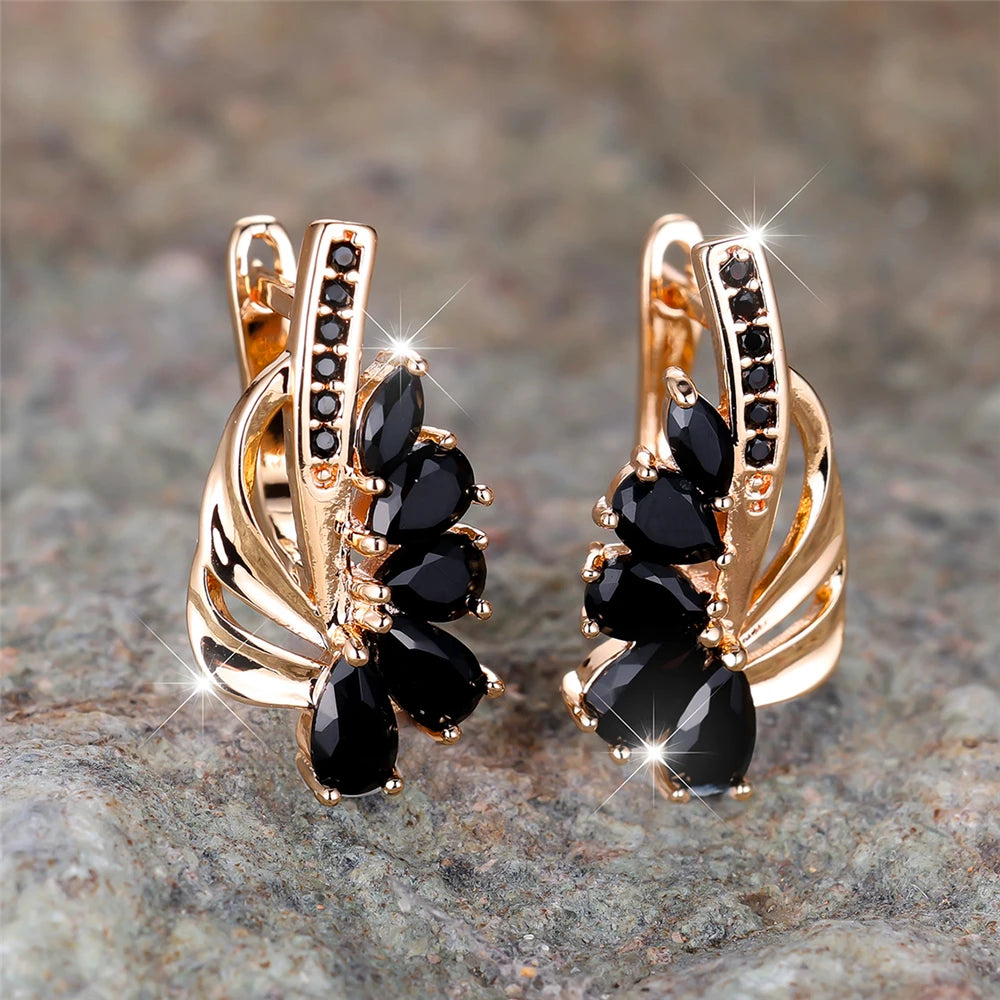 Gold Color Clip Earrings Water Drop Zircon — Blue Green | KIMLUD