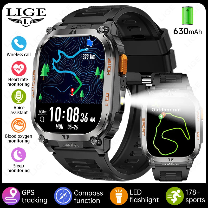 LIGE New GPS Tracking Smart Watch LED Flashlight 1.96inch HD Screen Compass BT Call Waterproof Sport Smartwatch For Android iOS