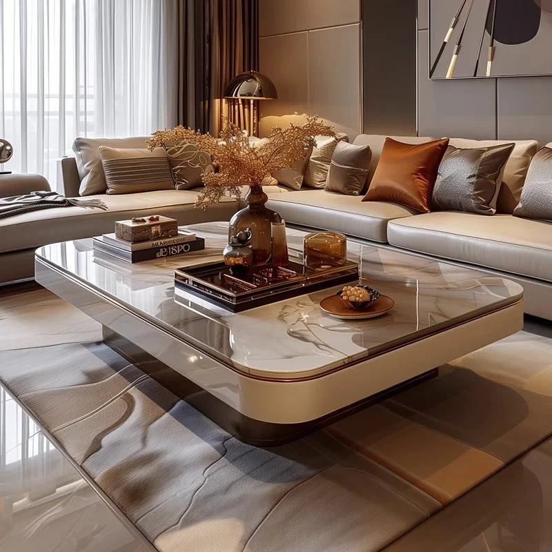 Metal Minimalist Coffee Table Low-Profile Rectangular With Concealed Storage — Marble White | KIMLUD