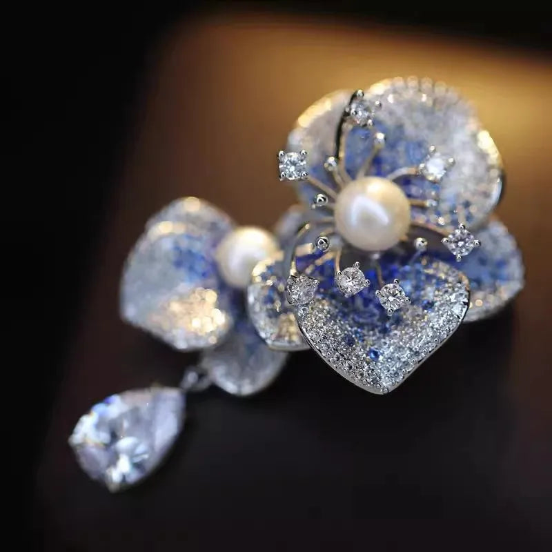 Crystal Zircon Pearl Brooch Flower Phalaenopsis — Blue | KIMLUD