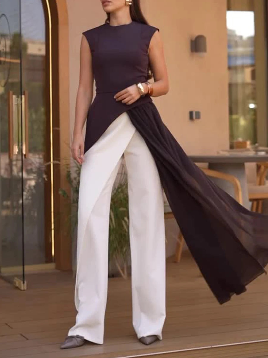 TWOTWINSTYLE Solid Slimming Spliced Folds Irregular Blouses for Women Round Neck Sleevelless High Waist Long Blouse Female New