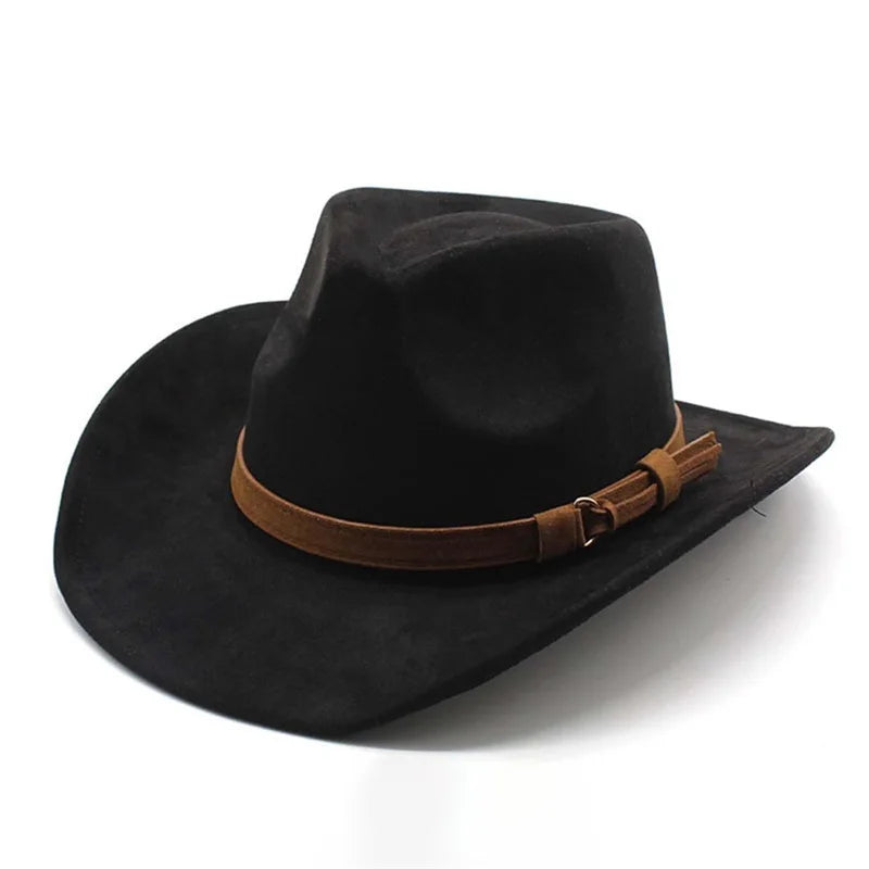 Felt Cowgirl Hat With Belt And Wide Soft Brim — Black | KIMLUD