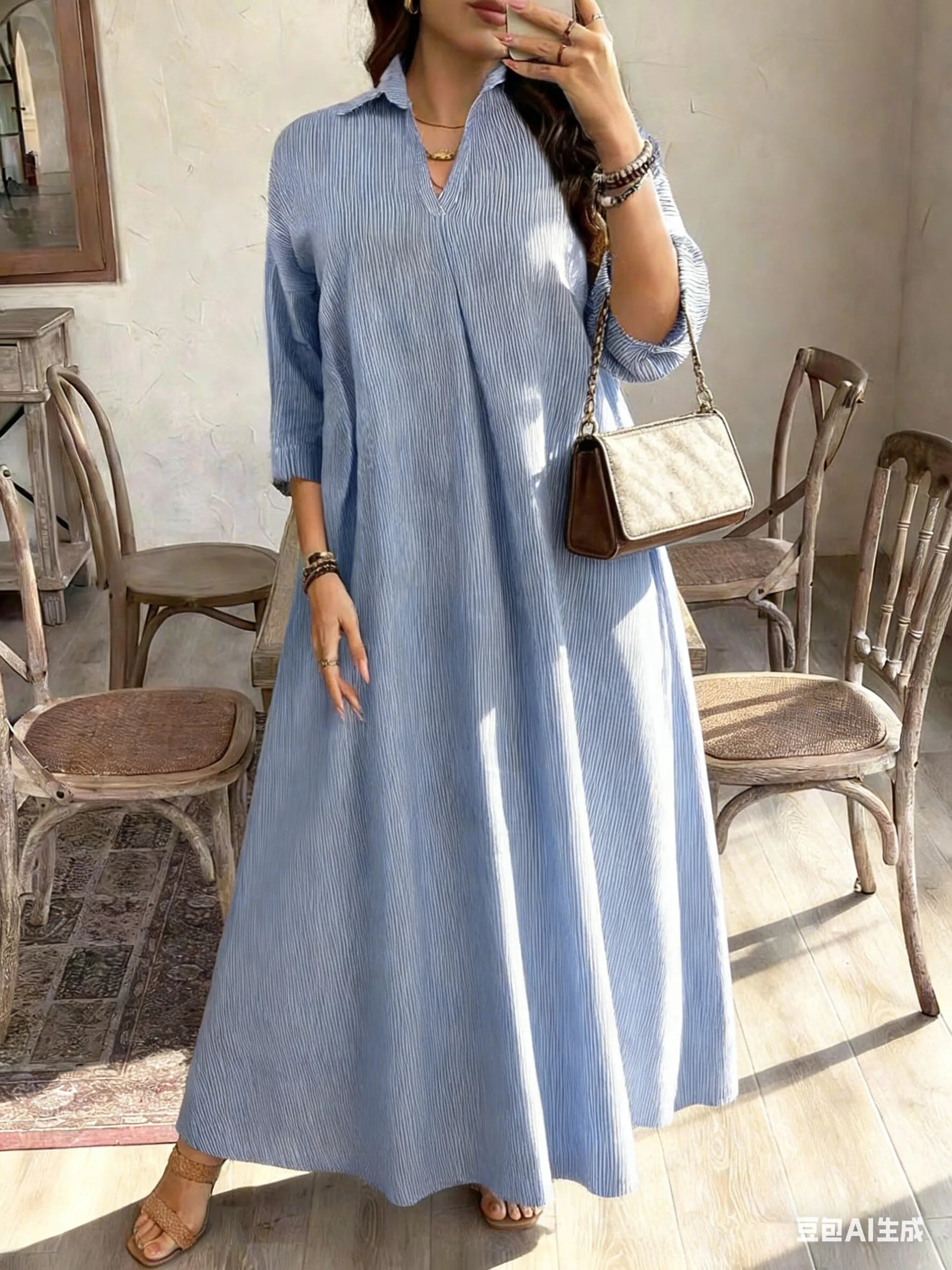 Pinstriped Maxi Dress Shirt Collar With Airy Draped Silhouette — Light Blue | KIMLUD