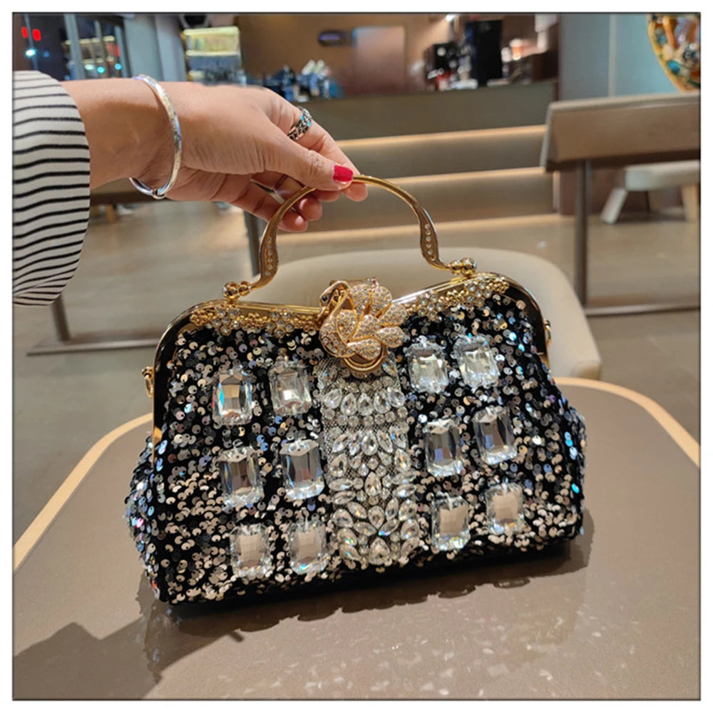Leather Crystal Sequin Buckle Handbag — Black | KIMLUD