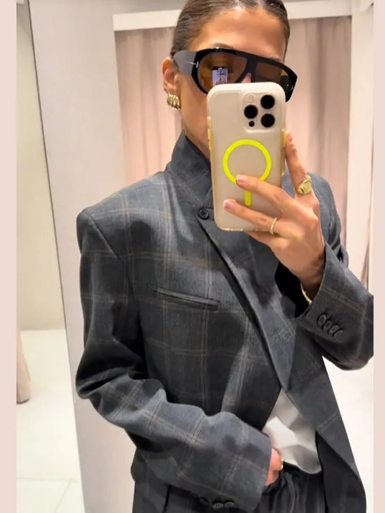 Women Irregular Plaid Blazer Jacket Fashion Stand Collar Full Sleeve Split Loose Short Coat 2025 Female Daily Commute Outerwear