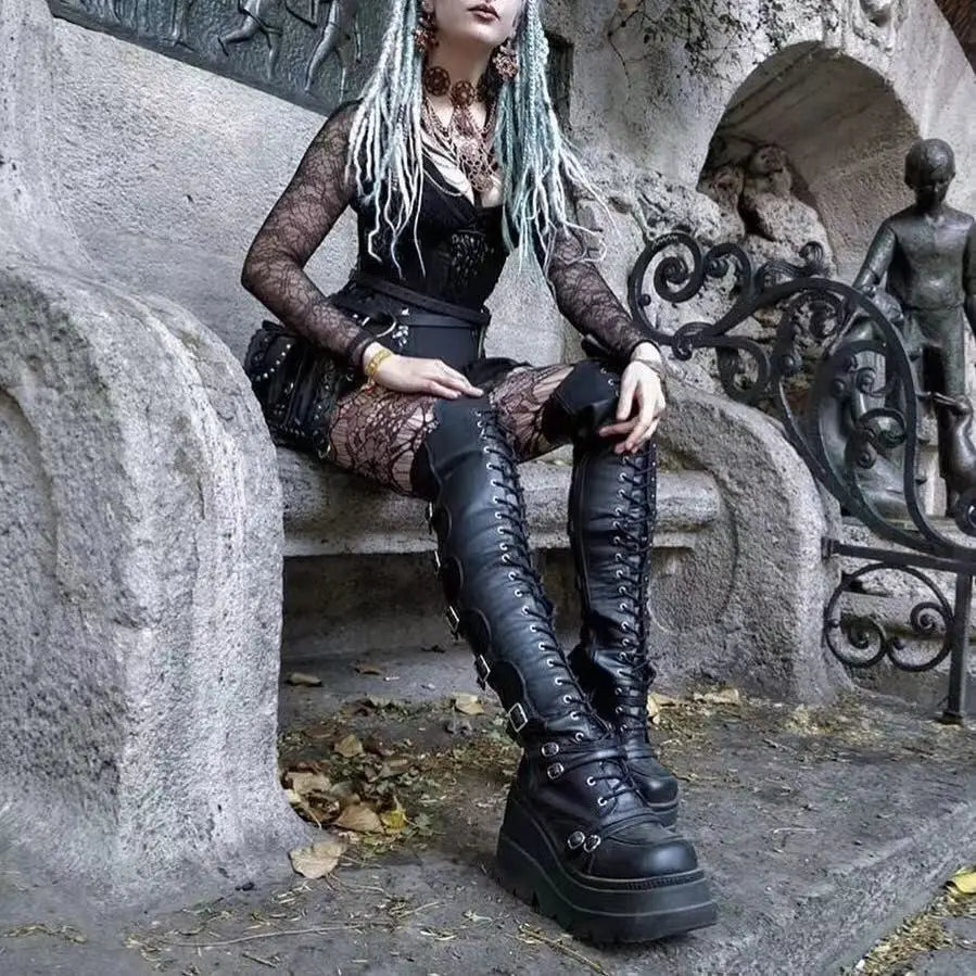 Fashion High Boots Women Platform Wedges Motorcycle Boot Over The Knee Army Stripper Heels Black Lace-up Belt Buckle Long Boots