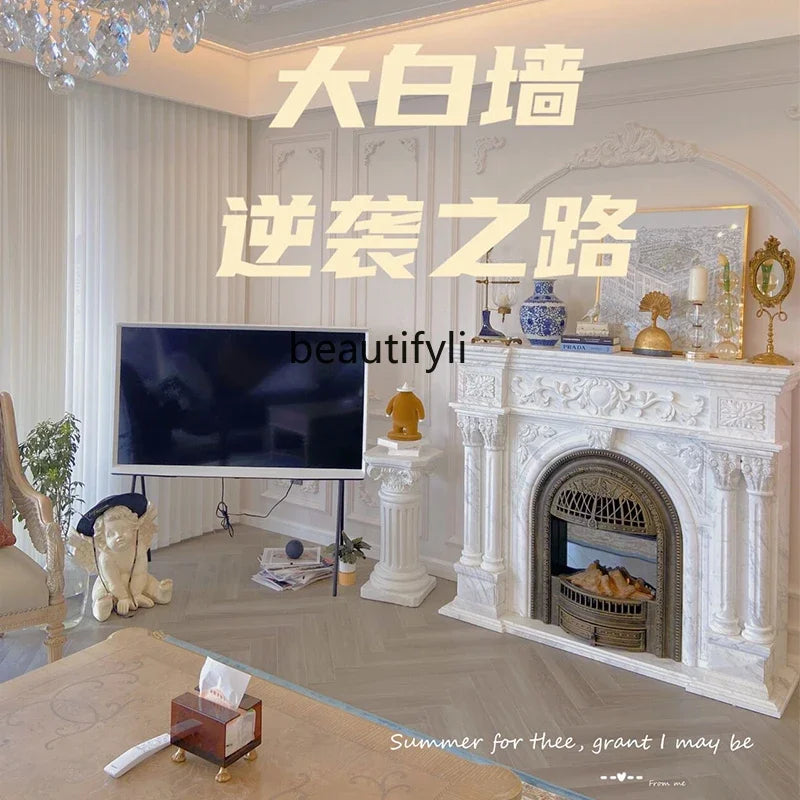 Marble Fireplace Stone Carving Living Room Decor — White | KIMLUD