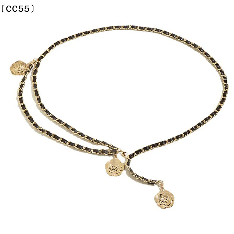 Metal Waist Chain Belt With Circular Flower Pendant And Fine Chain Strap — Gold | KIMLUD