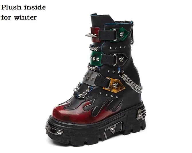 Women's Genuine Leather Motorcycle Boots Rivet Metal Chain Buckle Belt Short Punk Mid-calf Boots Winter Lady Platform Chunky