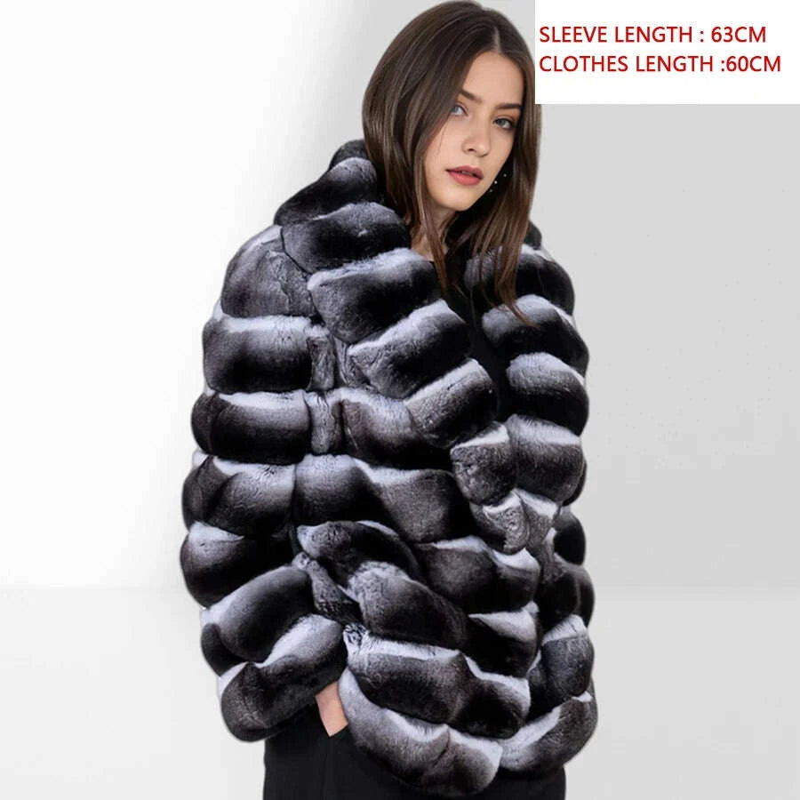 KIMLUD, Women's Winter Jacket Real Rex Rabbit Fur Jacket With Hood Chinchilla Color Fur Coat High Quality Genuine Leather Jackets, KIMLUD Womens Clothes