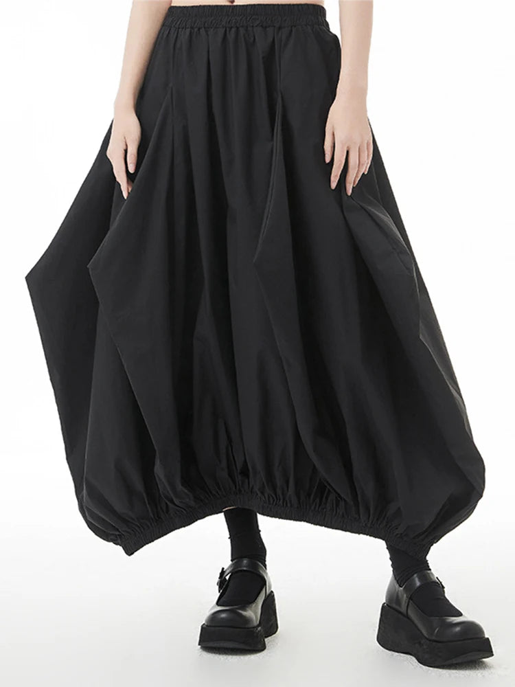 Skirt – High Elastic Waist – Irregular Pleated Long – Black | KIMLUD