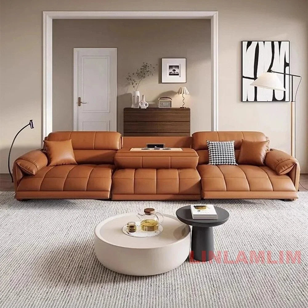 Italian Genuine Leather Electric Reclining Sofa With Adjustable Footrest USB And Foldable Center Console — Caramel Tan | KIMLUD