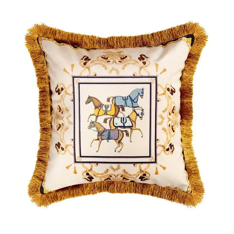 European Retro Horse Printed Pillow Cover Sofa Gold Tassel Pillowcase Velvet Fabric Cushion Cover