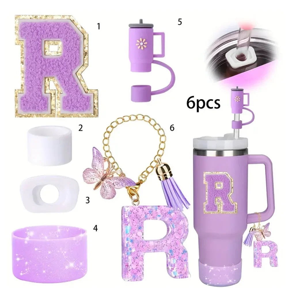 6 in 1 Cup Accessorie Set for Stanley Cup 40oz Tumbler Including Purple Silicone Straw Topper Boot Leak-proof Stopper Decoration
