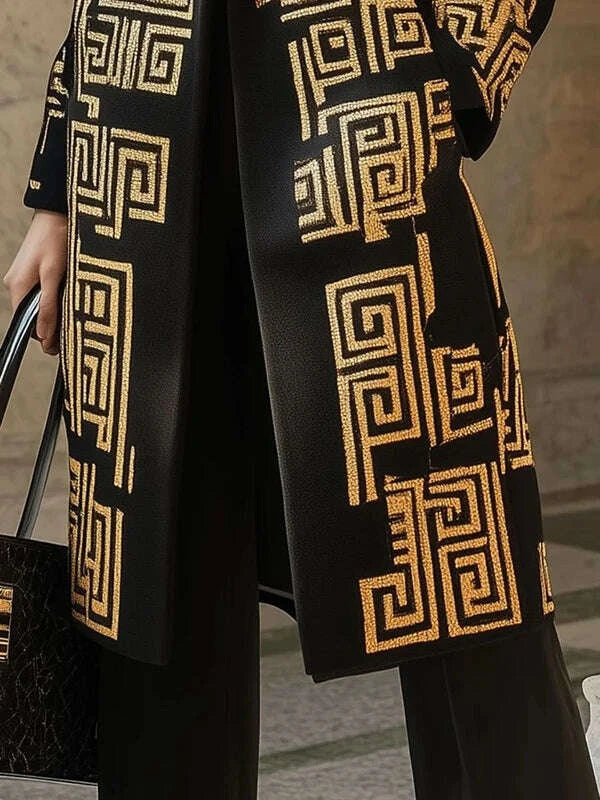KIMLUD, Modigirl 2026 New Spring Women's Vintage Midi Length Coat Urban Trendy Golden Meander Print Long Jackets Pockets female, KIMLUD Womens Clothes