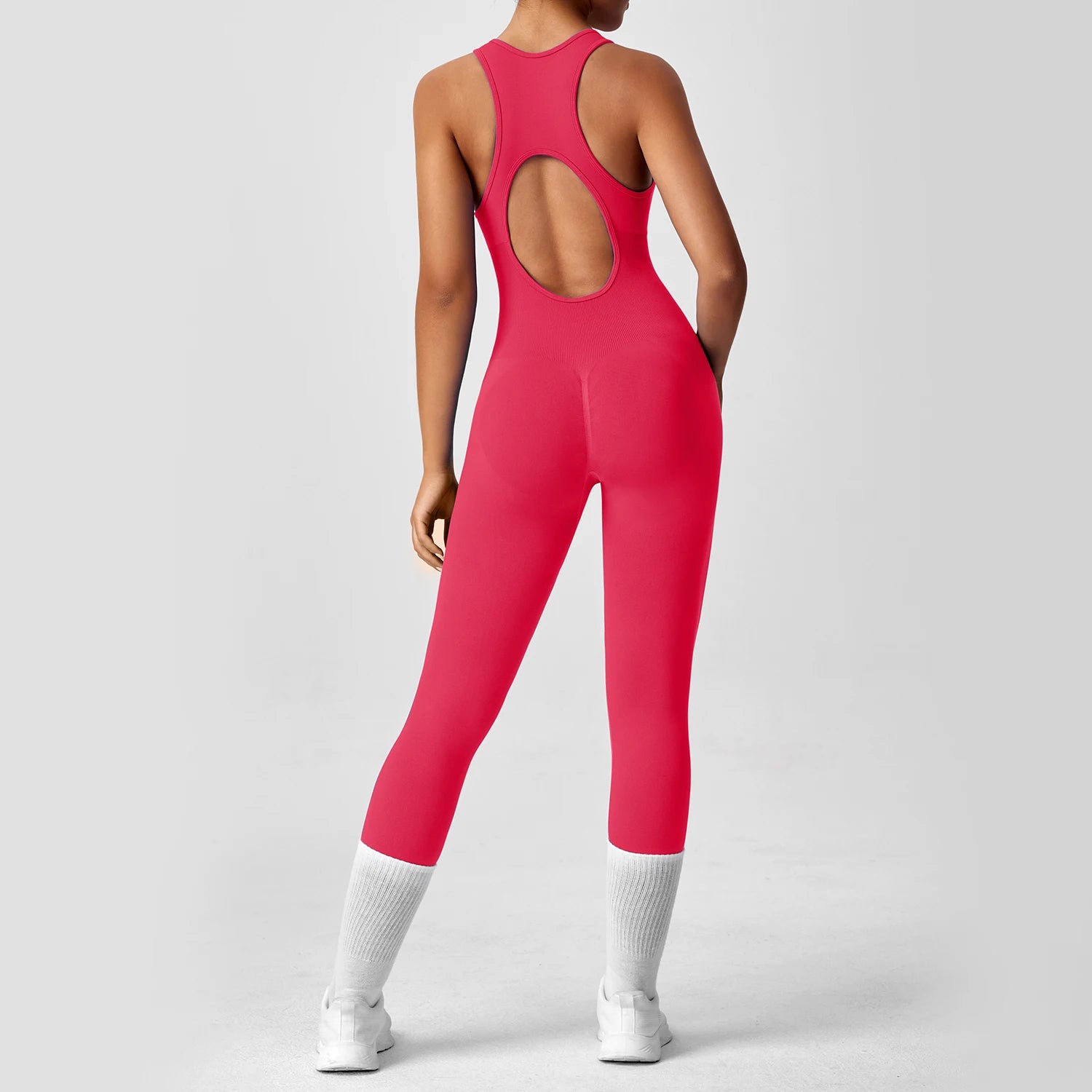 Seamless Peach Booty One-Piece Yoga Bodysuit - V-Back Tummy Control Gym Outfit for Women - Sexy Workout Jumpsuit Fitness Bodycon