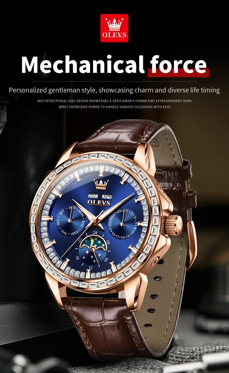 Moon Phase Leather Luxury Watch Diamond Bezel With Automatic Movement 41mm Case — Blue | KIMLUD