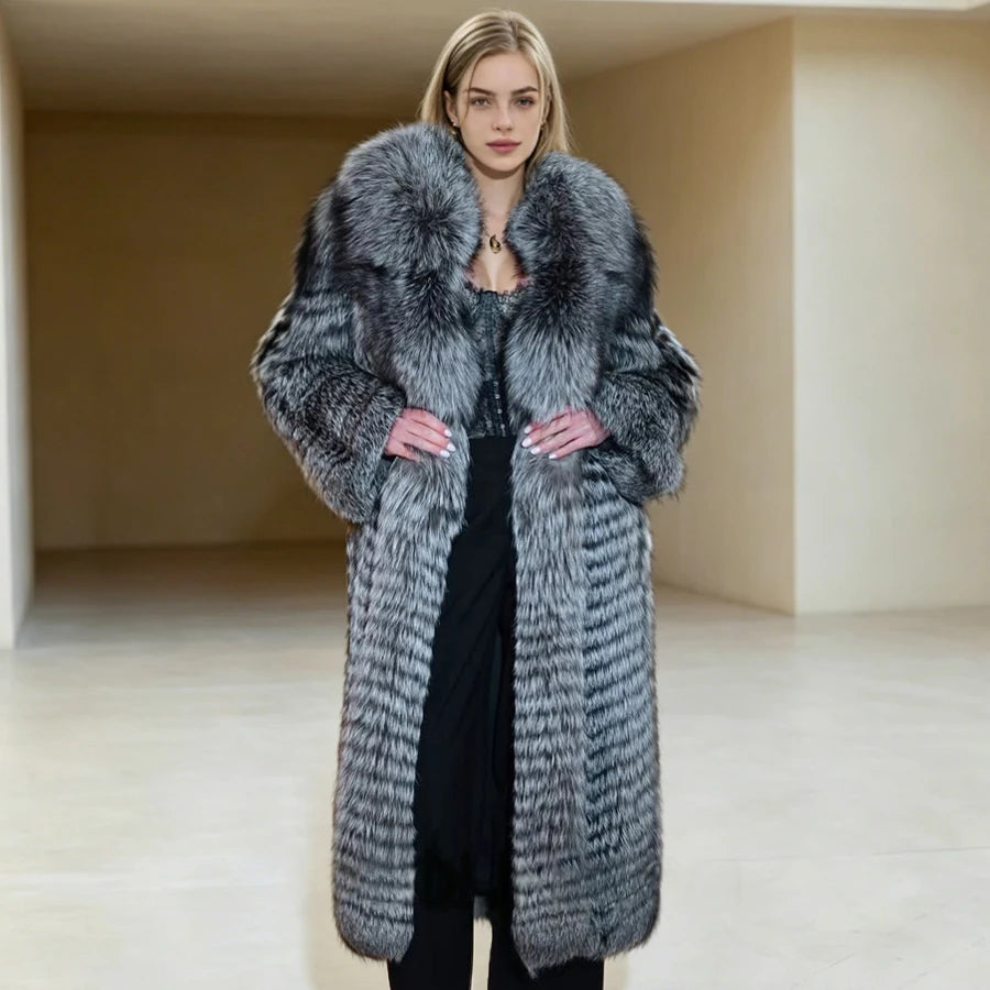 Fox Fur Coat Long Mandarin Collar — Silver | KIMLUD