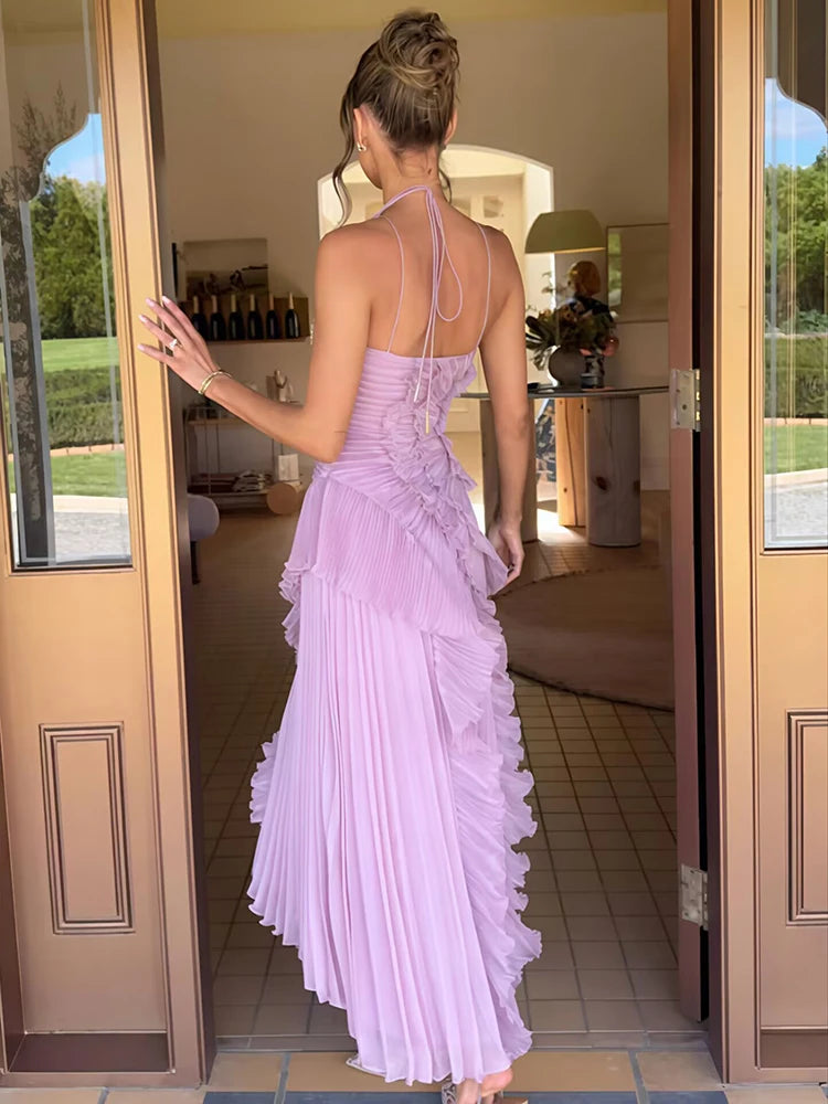 Mozision Elegant Off-shoulder Ruffle Sexy Maxi Dress Women Fashion Halter Sleeveless Backless Draped Pleated Club Party Dress