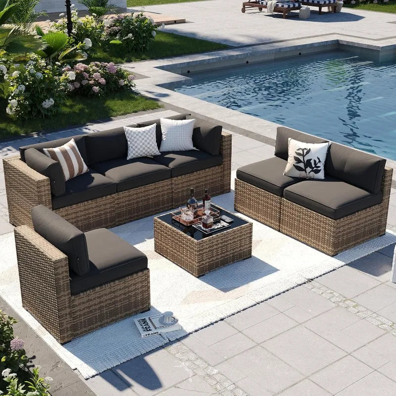 Patio Furniture Sets, 7-Piece Outdoor Patio Furniture with Thick Cushions, Wicker Outdoor Conversation Set Sectional Sofa